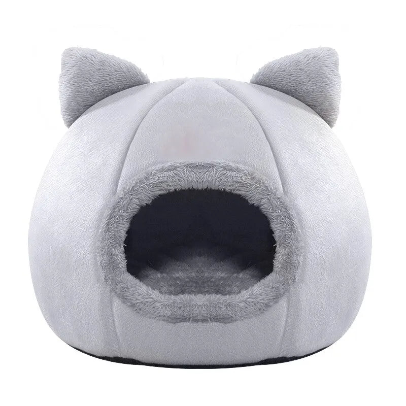 Cozy Self-Warming Pet Tent Cave Bed for Cats & Small Dogs - Grey Plush Cat Hut