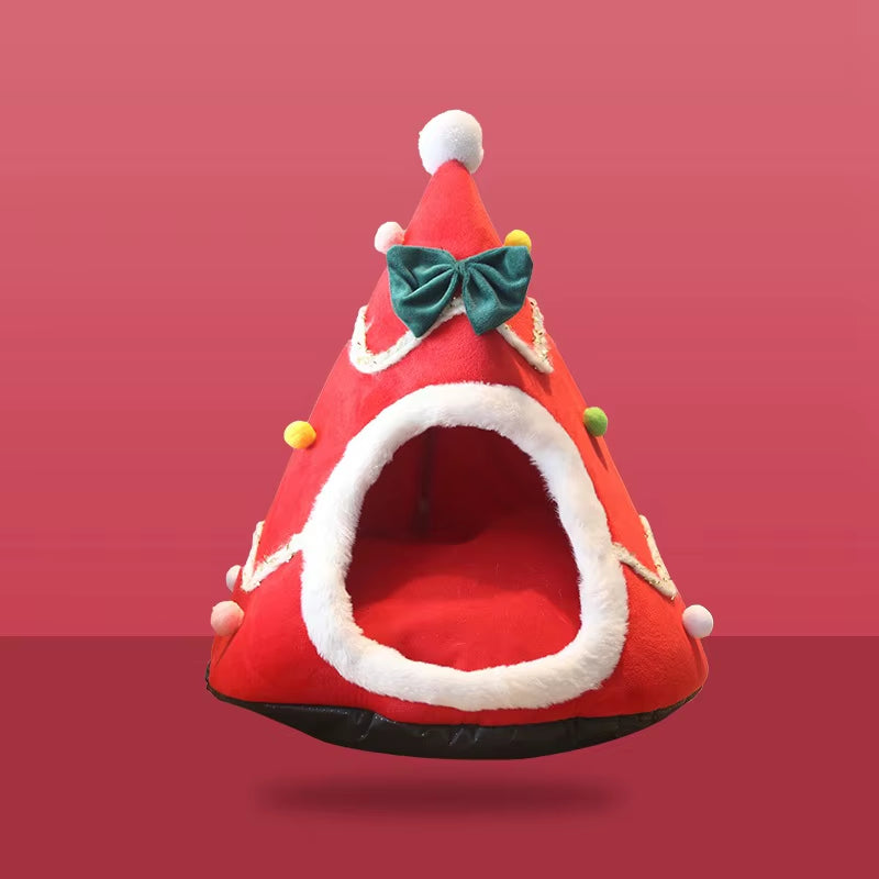 Christmas Tree-Shaped Pet Bed - Cozy Winter Cave for Small Dogs & Cats