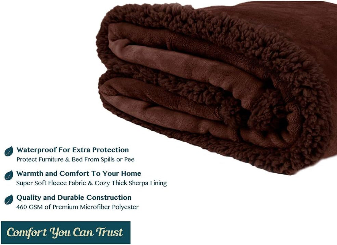 Waterproof Plush Sherpa Pet Blanket - 90x90 Brown Fuzzy Throw for Dogs & Cats 