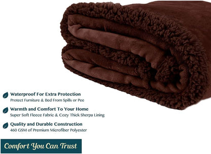 Waterproof Plush Sherpa Pet Blanket - 90x90 Brown Fuzzy Throw for Dogs & Cats 
