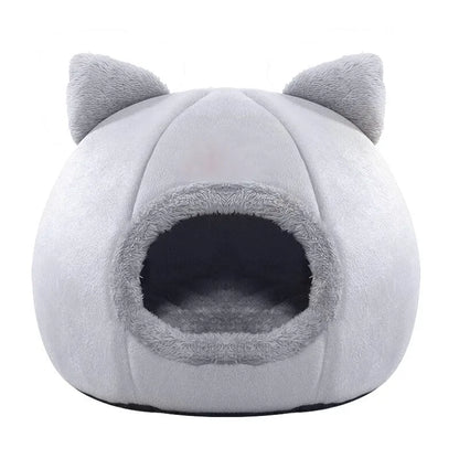 Cozy Self-Warming Pet Tent Cave Bed for Cats & Small Dogs - Grey Plush Cat Hut 