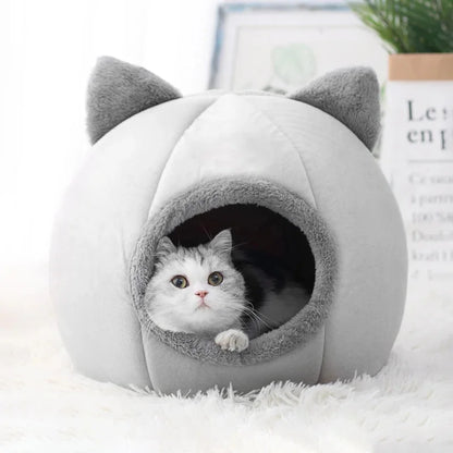 Cozy Self-Warming Pet Tent Cave Bed for Cats & Small Dogs - Grey Plush Cat Hut 