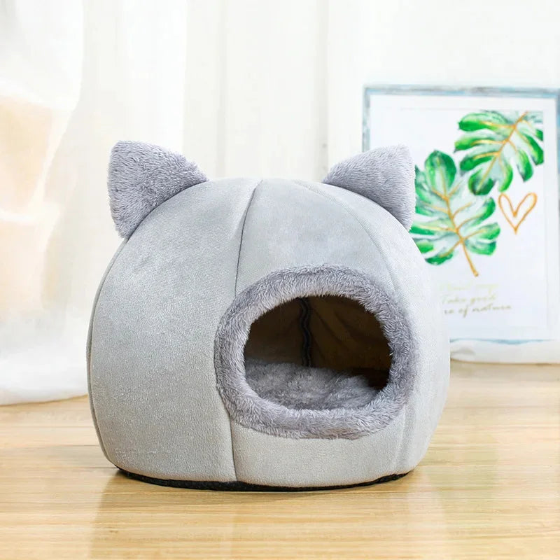 Cozy Self-Warming Pet Tent Cave Bed for Cats & Small Dogs - Grey Plush Cat Hut 