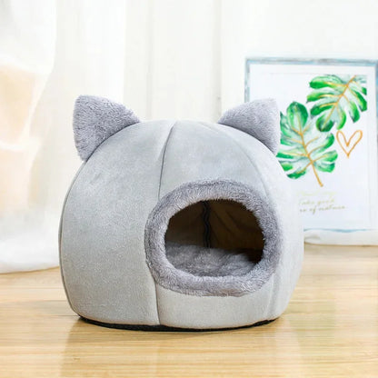 Cozy Self-Warming Pet Tent Cave Bed for Cats & Small Dogs - Grey Plush Cat Hut 
