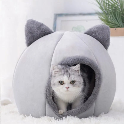 Cozy Self-Warming Pet Tent Cave Bed for Cats & Small Dogs - Grey Plush Cat Hut 