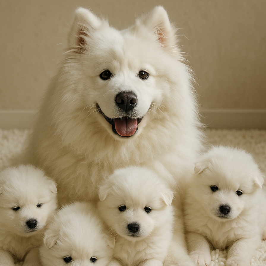 White adult dog with five puppies on a carpeted floor.