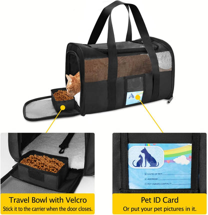 Airline-Approved Pet Carrier for Cats & Small Dogs - 15 lbs, Black, Soft & Collapsible