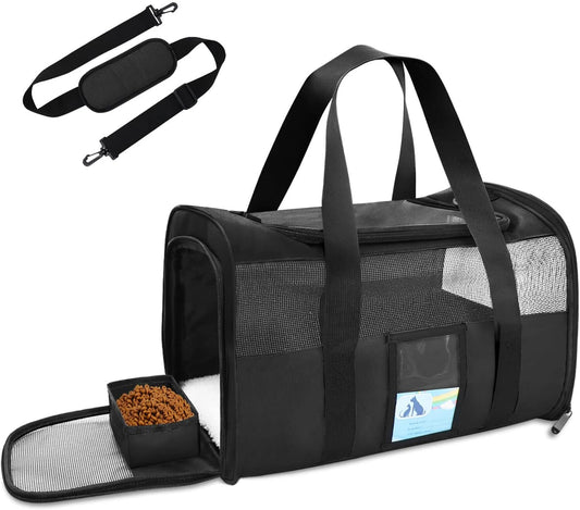 Airline-Approved Pet Carrier for Cats & Small Dogs - 15 lbs, Black, Soft & Collapsible