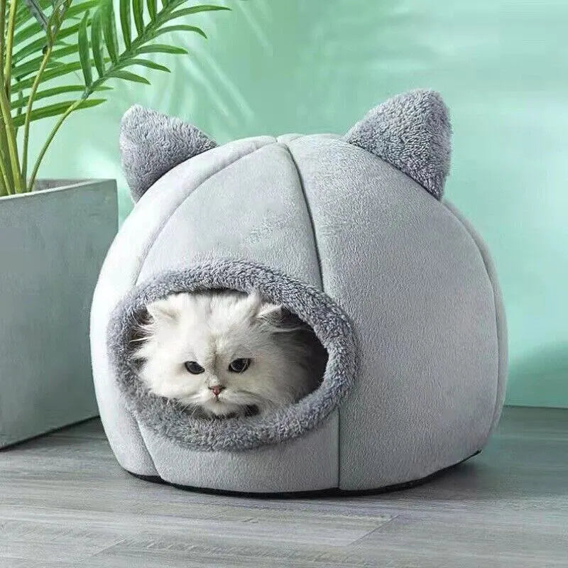 Cozy Self-Warming Pet Tent Cave Bed for Cats & Small Dogs - Grey Plush Cat Hut 