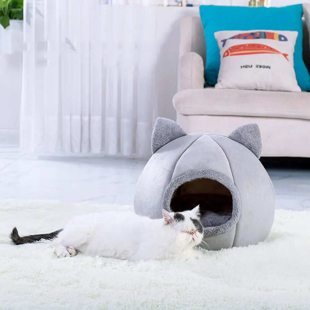 Cozy Self-Warming Pet Tent Cave Bed for Cats & Small Dogs - Grey Plush Cat Hut 