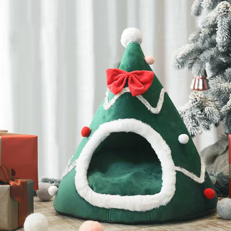 Christmas Tree-Shaped Pet Bed - Cozy Winter Cave for Small Dogs & Cats  