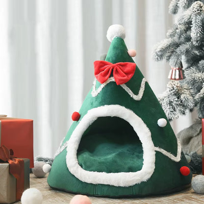 Christmas Tree-Shaped Pet Bed - Cozy Winter Cave for Small Dogs & Cats  