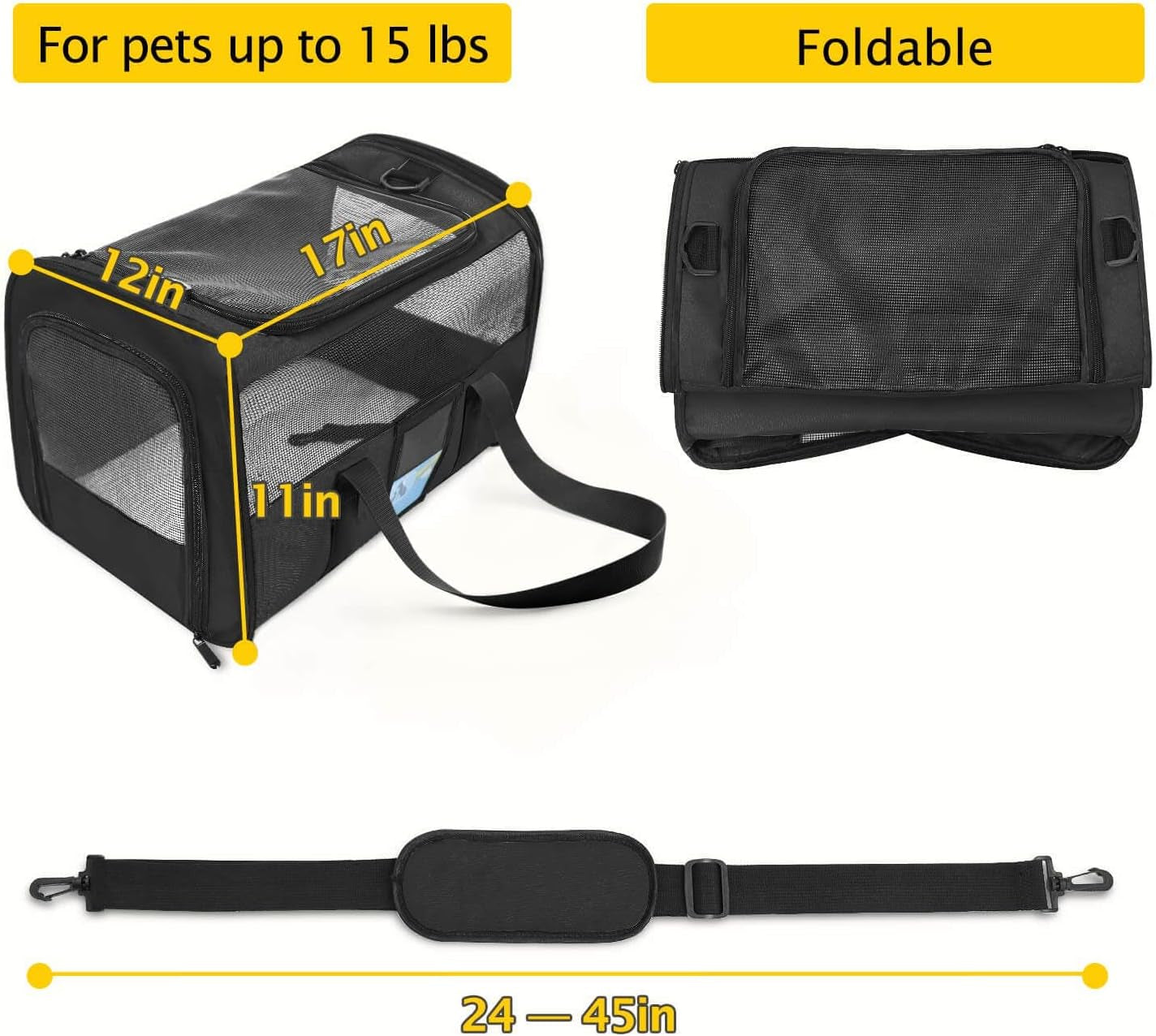 Airline-Approved Pet Carrier for Cats & Small Dogs - 15 lbs, Black, Soft & Collapsible